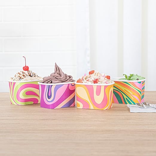 Restaurantware Paper Cups 200 Count 12 Ounce Square Disposable Ice Cream Containers, Leak-Resistant Paper Dessert To Go Cups, Hot And Cold Food, Durable Assorted Groovy Design