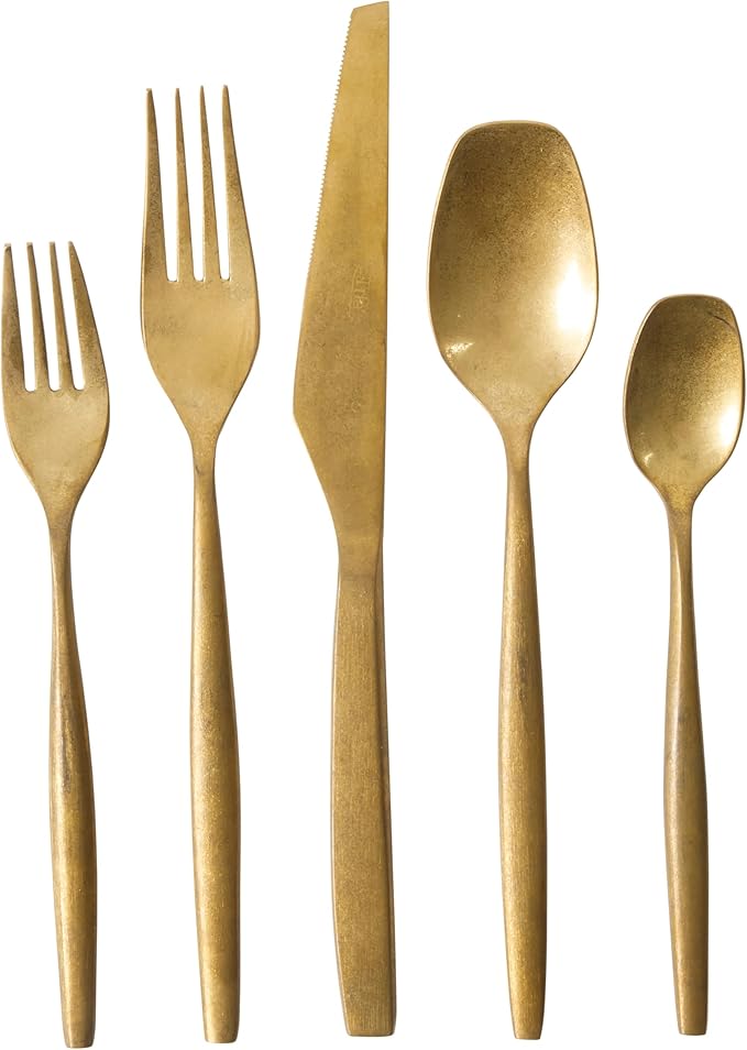 Bloomhouse - Two Time Oprah's Favorite Things Winner - 20 Piece Stone Washed Gold Flatware 18/10 Stainless Steel Silverware Cutlery Utensil Set With Acacia Wood Caddy - Service for 4