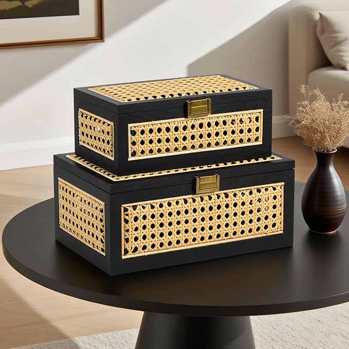 2PCS Rattan Storage Boxes Decorative Handmade Natural Wood Baskets with Lid Wooden Frame Boho Rustic Wicker Box Woven Cane Bins Shelf Closet Organizer Container (Black, 1 Large 1 Small)