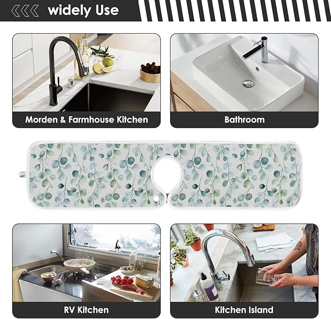 Kitchen Faucet Absorbent Mat,Flower Green Leaves Water Splash Guard for Sink, Faucet Drip Catcher Thicken Sponge Microfiber Faucet Water Catcher Mat Sink Absorbent Mat for Kitchen 30x5in 2 Pack