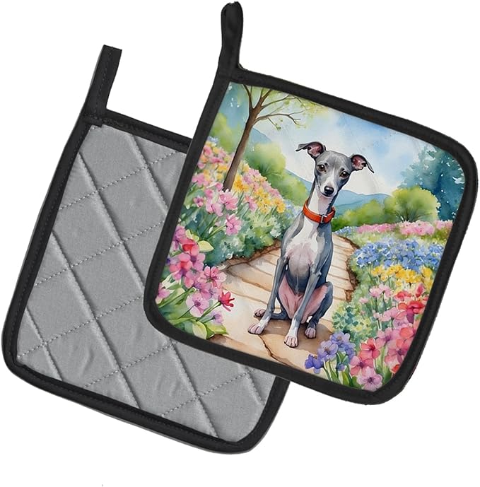 Caroline's Treasures Italian Greyhound Spring Path Pair of Pot Holders Kitchen Heat Resistant Pot Holders Sets Oven Hot Pads for Cooking Baking BBQ, 7 1/2 x 7 1/2