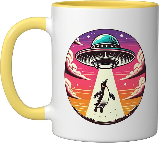 Penguin Abducted Alien Spacecraft Outer Space Abduction Ceramic Mug, Yellow/White