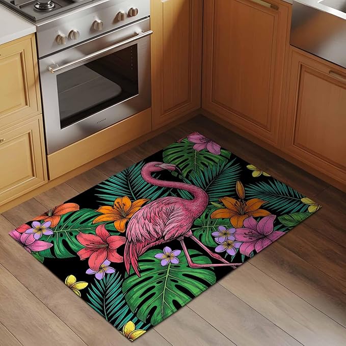 Area Rug 2x3ft, Pink Flamingos Tropical Leaf Washable Rugs for Living Room Bedroom, Colorful Lily Blossom Floral Soft Non-Slip Area Rugs Rectangle Floor Carpet for Dining Room