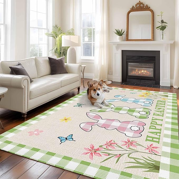 Area Rug 6x9ft, Happy Easter Bunny Shadow Flowers Washable Rugs for Living Room Bedroom, Retro Linen Cotton and Grid Soft Non-Slip Area Rugs Rectangle Floor Carpet for Dining Room