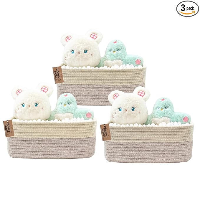 COMFY-HOMI 13" x 8.5" x 5.1" Storage Baskets for Organizing | Cotton Rope Woven Basket | Toy Storage Bin Box | Basket for Shelves, Closet Organizer Bin, Decorative Closet Shelf, 3 Pack, beige brown