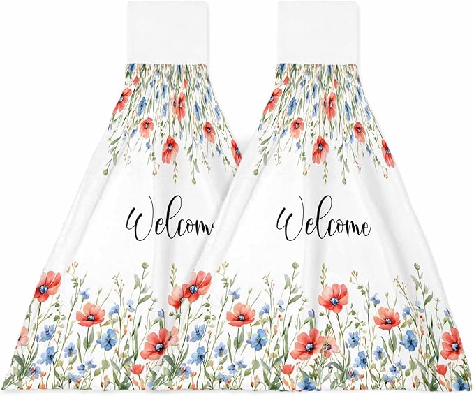 Alandar Home Kitchen Tie Towel Set of 2, Pastoral Orange Blue Flower Leaves Absorbent Soft Hand Towels for Bathroom Hanging Towels, Spring Floral Plant Fast Drying Cleaning Cloth with Loop