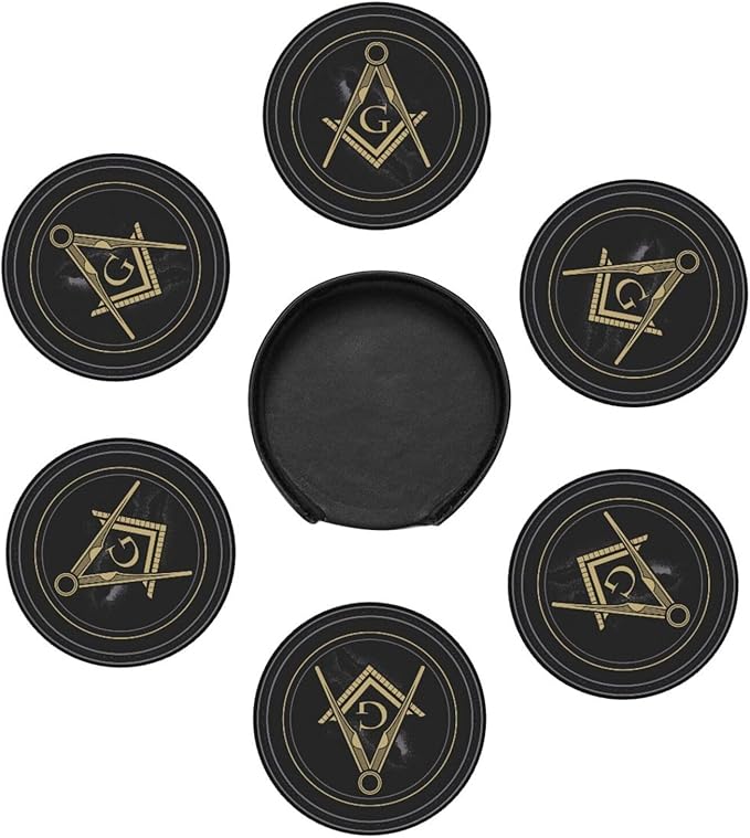 Masonic Freemason Black Leather Drinks Coasters with Holder, Set of 6, Suitable for Various Cups