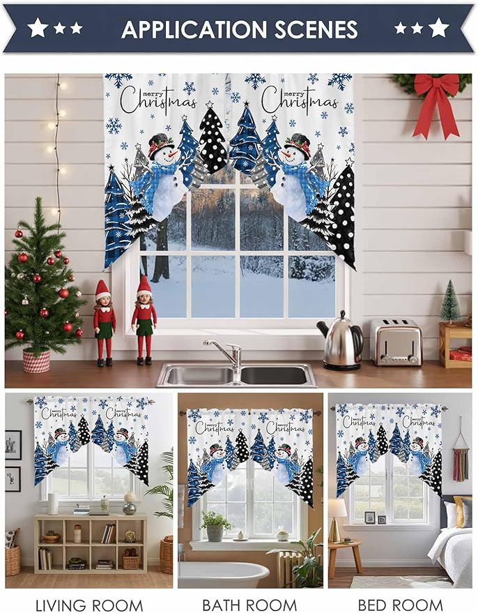 Prime Leader Merry Christmas Swag Valance Curains Snowflake Blue Xmas Tree Snowman Rod Pocket Kitchen Curtains Scalloped Window Treatment Valances Swag for Living Room Bedroom, 1 Pair, 28" W x 36" L