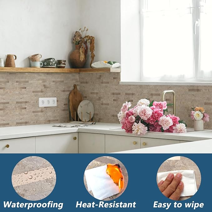 Yipscazo 20 Sheets Peel and Stick Stone Metal Tile Backsplash, Stick on Tiles for Backsplash Kitchen, Bathroom, Laundry Room, Camper, Fireplace (12'' X 12'', Beige Stone with Gold Metal)