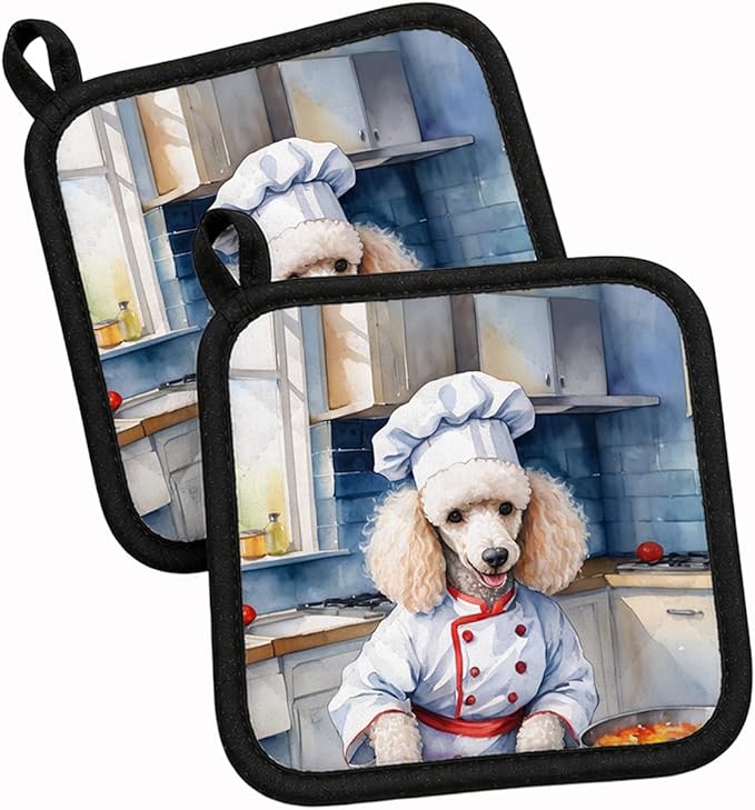 Caroline's Treasures White Poodle The Chef Pair of Pot Holders Kitchen Heat Resistant Pot Holders Sets Oven Hot Pads for Cooking Baking BBQ, 7 1/2 x 7 1/2