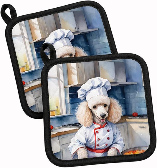 Caroline's Treasures White Poodle The Chef Pair of Pot Holders Kitchen Heat Resistant Pot Holders Sets Oven Hot Pads for Cooking Baking BBQ, 7 1/2 x 7 1/2