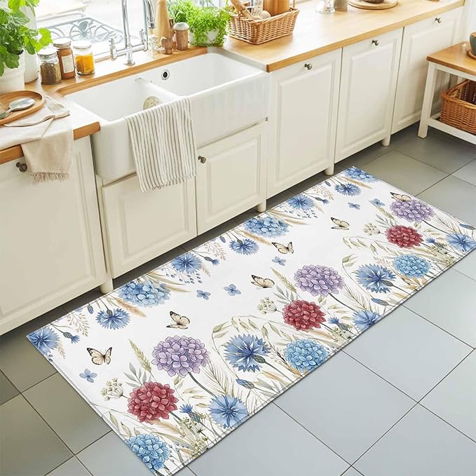 Runner Rug for Bedroom Hallway, Watercolor Hydrangea Flower Kitchen Runner Rugs Area Rug 2x6ft, Garden Floral Butterfly Leaves Washable Soft Floor Carpet for Entryway Stair