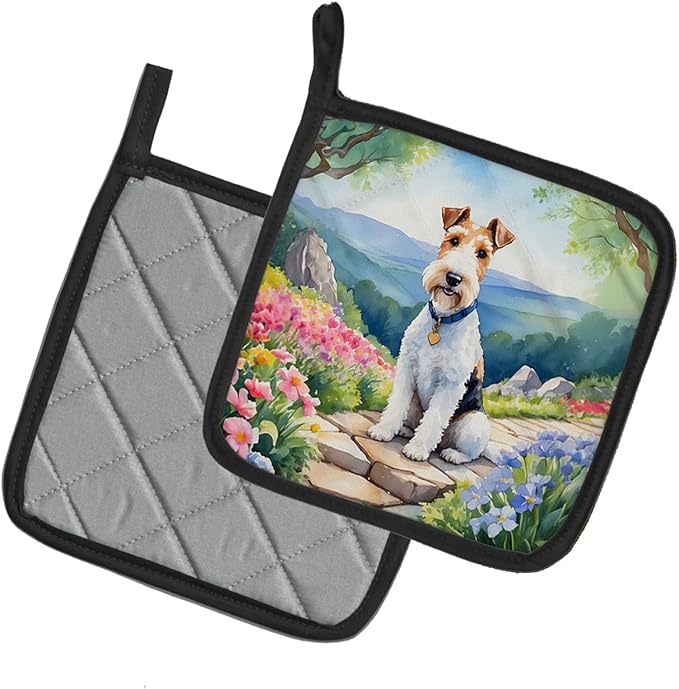 Caroline's Treasures Fox Terrier Spring Path Pair of Pot Holders Kitchen Heat Resistant Pot Holders Sets Oven Hot Pads for Cooking Baking BBQ, 7 1/2 x 7 1/2