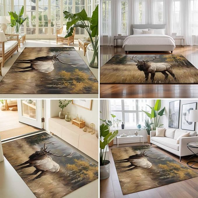 Area Rug 3x5ft, Brown Animals Elk Washable Rugs for Living Room Bedroom, Retro Forest Landscape Soft Non-Slip Area Rugs Rectangle Floor Carpet for Dining Room