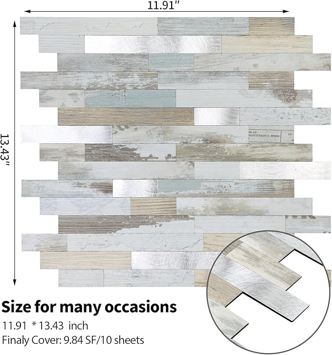 Yipscazo 10 Sheets Peel and Stick Stone Metal Tile Backsplash, Stick on Tiles for Backsplash Kitchen, Bathroom, Laundry Room, Camper, Fireplace (12'' X 12'', White Wood with Metal)