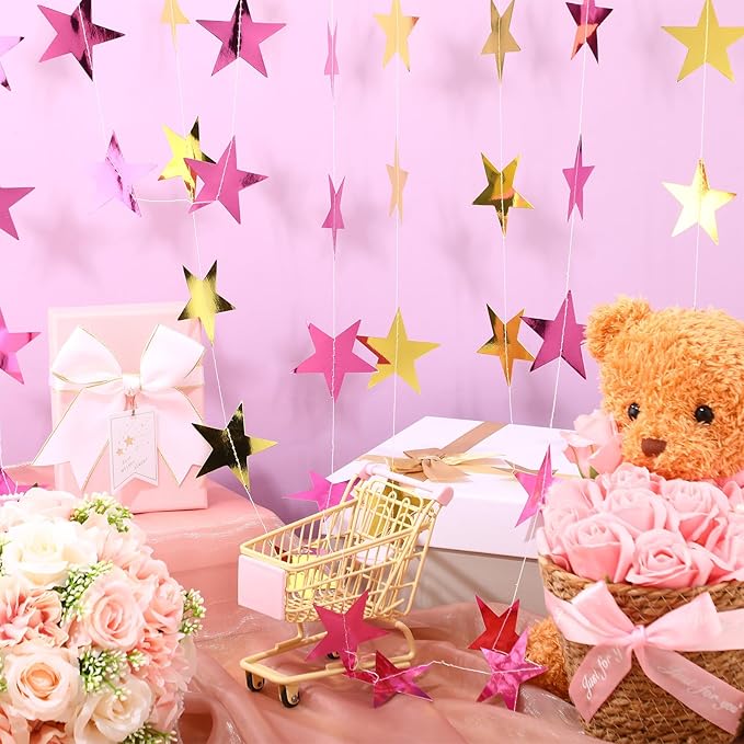 Patelai 78 Feet Glitter Star Garland Banner 2026 Party Decoration Double Side Star Hanging String Streamer Paper Twinkle for Graduation Wedding Birthday (Gold and Pink)
