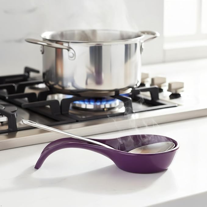 Reston Lloyd Kitchen Counter Utensil Spoon Rest, Ladles, Spaghetti Forks, & Spatulas, Durable BPA-Free Plastic – Dishwasher Safe, Décor, Space Saving Hanging Hole on Handle, Plum