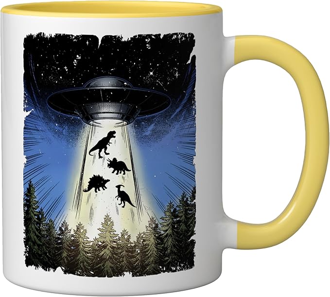 UFO Dinosaur Alien Abduction Flying Saucer Conspiracy Ceramic Mug, Yellow/White