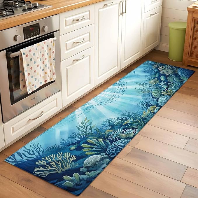 Runner Rug for Bedroom Hallway, Underwater World Coral Seaweed Kitchen Runner Rugs Area Rug 2x6ft, Seafloor Ocean Life Fish Washable Soft Floor Carpet for Entryway Stair