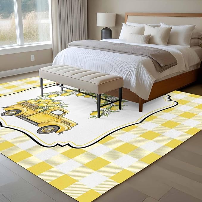 Area Rug 6x9ft, Farm Yellow Truck Lemon Fruit Washable Rugs for Living Room Bedroom, Flower Leaves Buffalo Plaid Soft Non-Slip Area Rugs Rectangle Floor Carpet for Dining Room