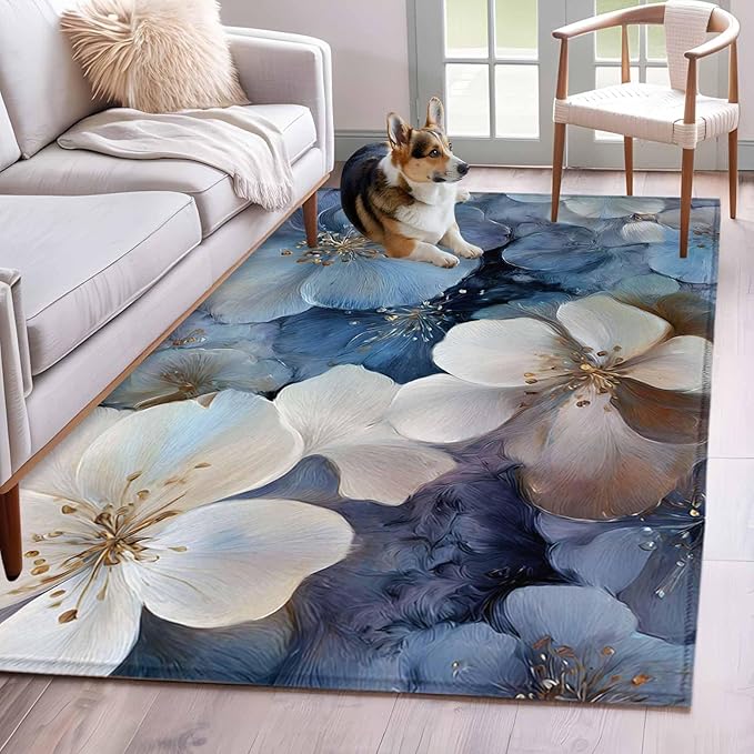 Area Rug 4x6ft, Watercolor White Navy Blue Floral Foliage Washable Rugs for Living Room Bedroom, Abstract Flower Soft Non-Slip Area Rugs Rectangle Floor Carpet for Dining Room