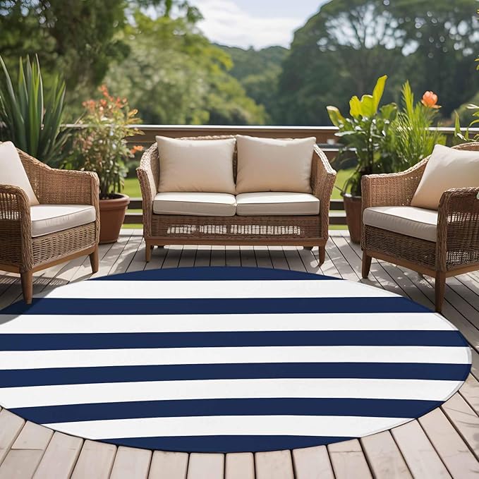 Washable Round Area Rug Nautical Black and White Stripes Circle Rugs Floor Carpet for Living Room Bedroom, Striped Soft Non Slip Round Rug 5ft