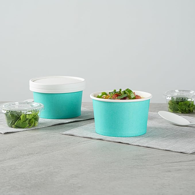 Restaurantware Coppetta 5 Ounce Dessert Cups, 50 Disposable Ice Cream Cups - Lids Sold Separately, Sturdy, Turquoise Paper FroYo Bowls, Striped, For Hot And Cold Foods, Perfect For Gelato