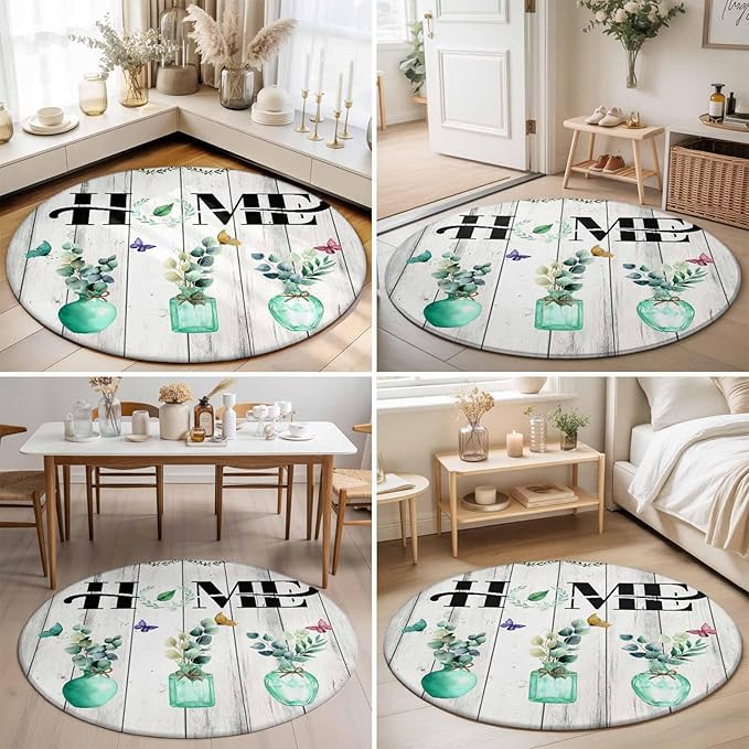 Washable Round Area Rug Summer Eucalyptus Leaf Colorful Butterfly Circle Rugs Floor Carpet for Living Room Bedroom, Home Text Wood Plank Soft Non Slip Round Rug 5ft