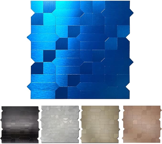 XUANINY 7-Sheet Peel and Stick Metal Backsplash Tiles, Self Adhesive Multiple-Shapes Aluminum Mosaic 3D Wall Sticker for Kitchen Bathroom Decor (7, Brushed Blue)