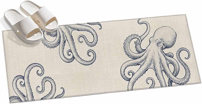Runner Rug for Bedroom Hallway, Marine Octopus Sea Monster Kitchen Runner Rugs Area Rug 2x6ft, Farmhouse Ocean Life on Linen Washable Soft Floor Carpet for Entryway Stair
