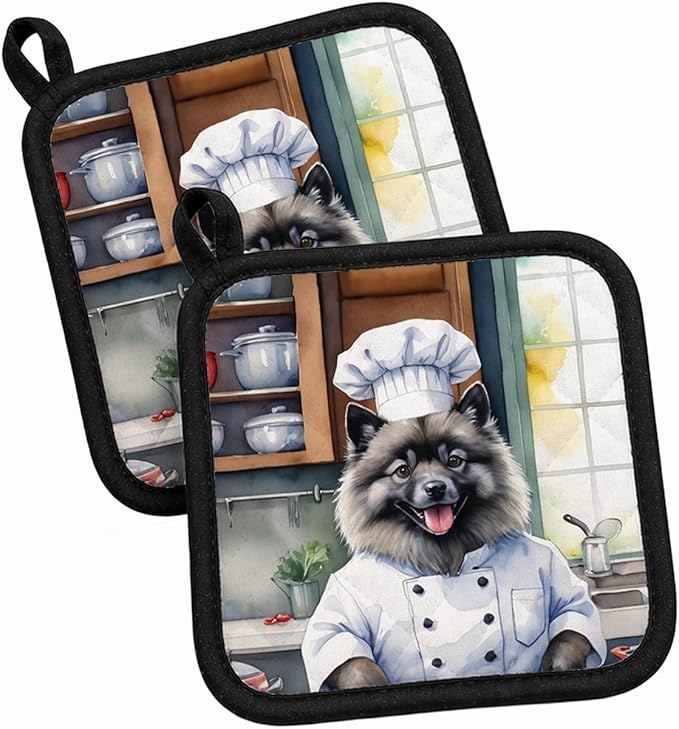 Caroline's Treasures Keeshond The Chef Pair of Pot Holders Kitchen Heat Resistant Pot Holders Sets Oven Hot Pads for Cooking Baking BBQ, 7 1/2 x 7 1/2