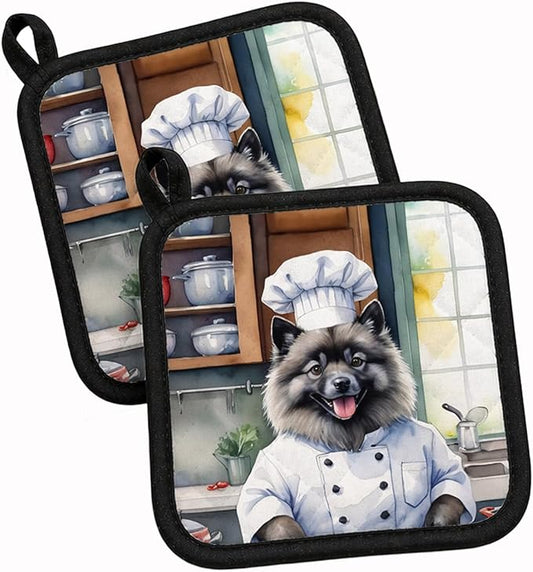 Caroline's Treasures Keeshond The Chef Pair of Pot Holders Kitchen Heat Resistant Pot Holders Sets Oven Hot Pads for Cooking Baking BBQ, 7 1/2 x 7 1/2