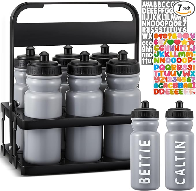 Suclain Water Bottle Carrier with 20 Oz Bottles and Stickers Plastic Wide Mouth Sports Water Bottle Squeeze Team Bottles with Black Lid for Fitness Bike Gym(7 Pcs,Grey)
