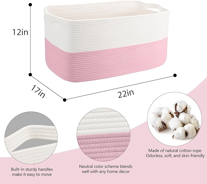 MEGASKET Large Pink Storage Basket, 22" x 17" x 12" Rectangle Cotton Rope Bin for Organizing, Woven Blanket storage for Living Room, Kids Toy Bin Box, Decorative Nursery Storage, Pink Room Decor