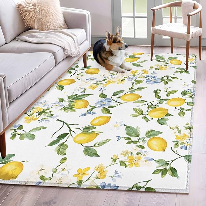 Area Rug 3x5ft, Summer Watercolor Lemon Flower Washable Rugs for Living Room Bedroom, Spring Farm Fruit Green Leaf Soft Non-Slip Area Rugs Rectangle Floor Carpet for Dining Room