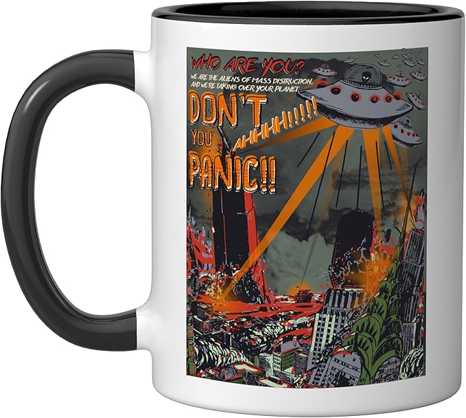 UFO Flying Saucer Invasion 1950s Sience Fiction Abduction Ceramic Mug, Black/White