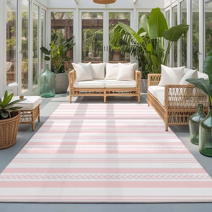 Area Rug 3x5ft, Abstract Leaf Geometric Line Washable Rugs for Living Room Bedroom, Modern Pink Stripe Theme Soft Non-Slip Area Rugs Rectangle Floor Carpet for Dining Room