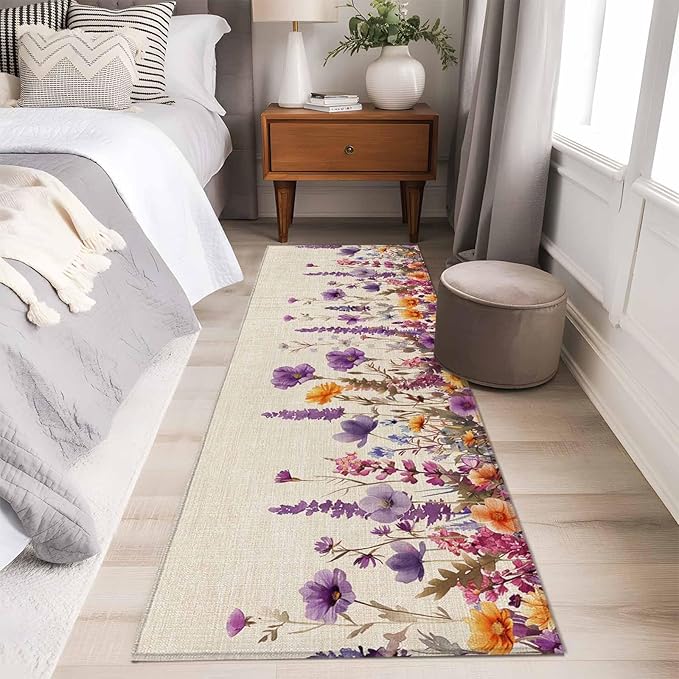 Runner Rug for Bedroom Hallway, Country Flower Purple Lavender Plant Kitchen Runner Rugs Area Rug 2x6ft, Retro Linen Washable Soft Floor Carpet for Entryway Stair