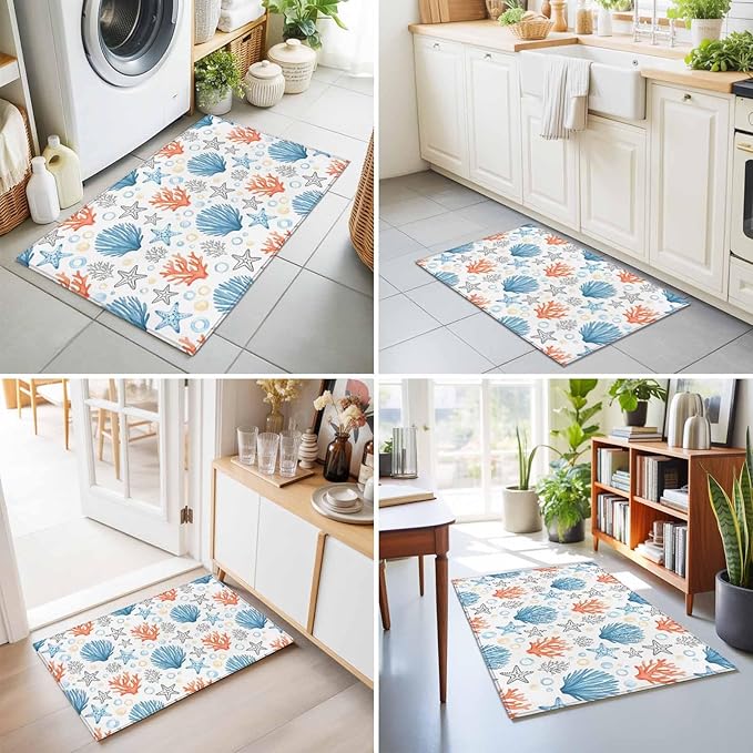 Area Rug 2x3ft, Coastal Starfish Shell Coral Washable Rugs for Living Room Bedroom, Ocean Bubble Blue Black Orange Soft Non-Slip Area Rugs Rectangle Floor Carpet for Dining Room