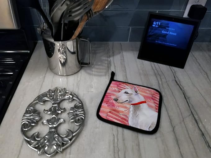 Caroline's Treasures BB9780PTHD Bull Terrier Love Pair of Pot Holders, Red Kitchen Heat Resistant Pot Holders Sets Oven Hot Pads for Cooking Baking BBQ, 7 1/2 x 7 1/2