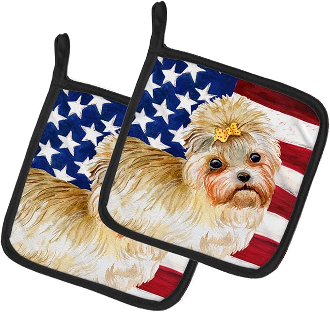Caroline's Treasures BB9668PTHD Morkie Patriotic Pair of Pot Holders Kitchen Heat Resistant Pot Holders Sets Oven Hot Pads for Cooking Baking BBQ, 7 1/2 x 7 1/2