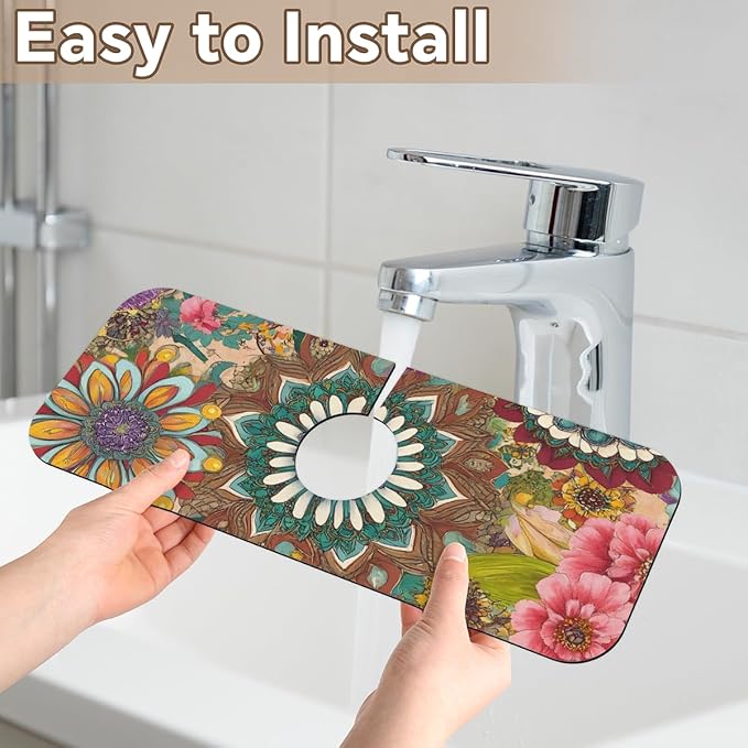 Bohemian Floral Sink Faucet Mat, Vintage Kitchen Faucet Absorbing Mat, Diatomaceous Earth Sink Splash Guard for Kitchen & Bathroom, Exotic Home Decor Accessory, 15.4"x5.7"