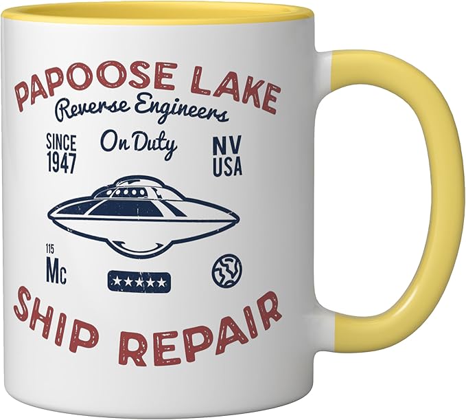 Flying Saucer Papoose Lake Ship Repair Funny UFO Ceramic Mug, Yellow/White