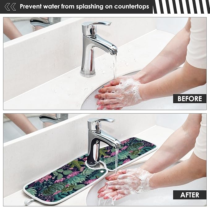 Kitchen Faucet Absorbent Mat,Succulent Plants Cactus Water Splash Guard for Sink, Faucet Drip Catcher Thicken Sponge Microfiber Faucet Water Catcher Mat Sink Absorbent Mat for Kitchen 23x5in 2Pack