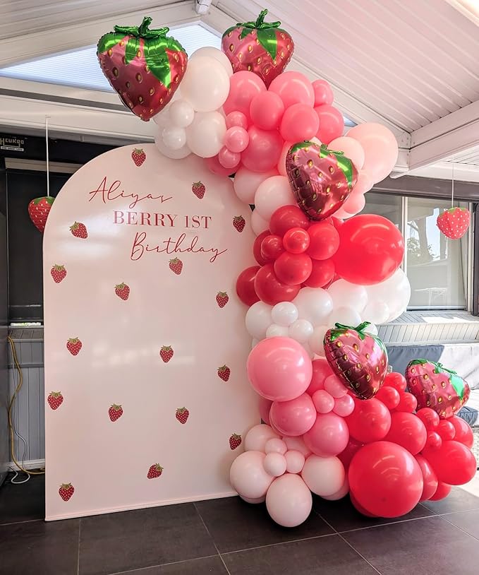 Strawberry Balloons Garland Arch Kit - 153Pcs Different Size Red and Pink Balloons for Girls Sweet One Berry First Birthday Baby Shower Valentine's Day Strawberry Party Decorations