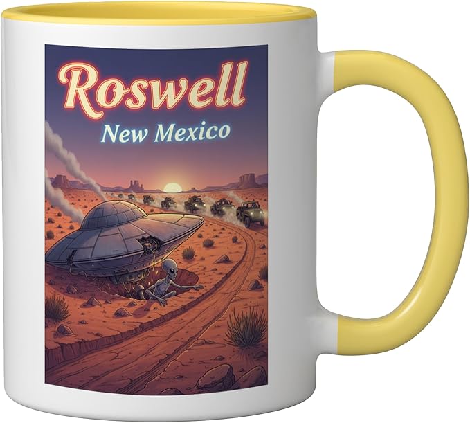 Roswell New Mexico UFO Crash in the Desert Alien Souvenir Ceramic Mug, Yellow/White