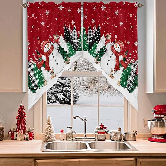 Christmas Snowman Swag Valance Curains Winter Xmas Tree Snowflakes Black Plaid Rod Pocket Kitchen Curtains Scalloped Window Treatment Valances Swag for Living Room Bedroom, 1 Pair, 28"W x 36"L
