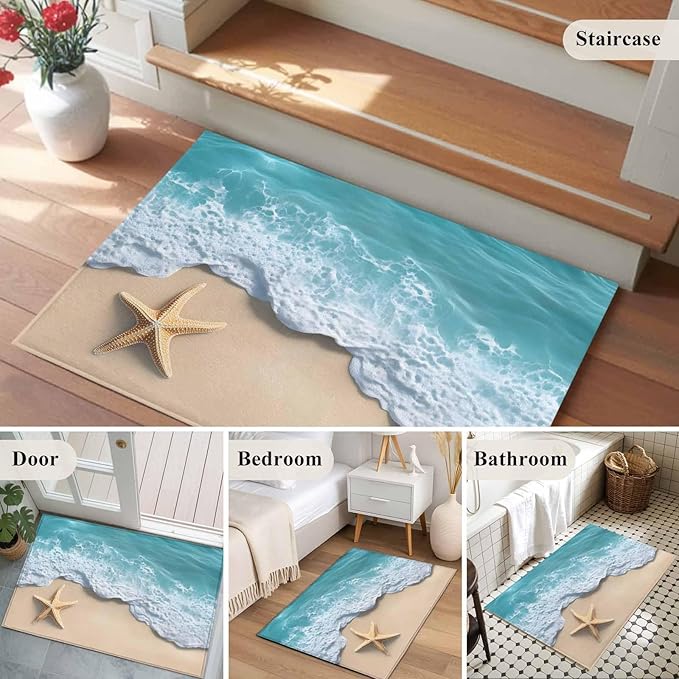 Area Rug 2x3ft, Beach Starfish Teal Sea Water Washable Rugs for Living Room Bedroom, Summer Ocean Theme Soft Non-Slip Area Rugs Rectangle Floor Carpet for Dining Room