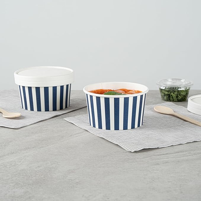 Restaurantware Coppetta 8 Ounce Dessert Cups, 50 Disposable Ice Cream Cups - Lids Sold Separately, Sturdy, Blue And White Paper FroYo Bowls, Striped, For Hot And Cold Foods, Perfect For Gelato