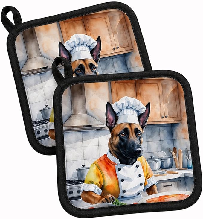 Caroline's Treasures Belgian Malinois The Chef Pair of Pot Holders Kitchen Heat Resistant Pot Holders Sets Oven Hot Pads for Cooking Baking BBQ, 7 1/2 x 7 1/2